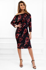 AUBREY BLACK RED BARDOT BATWING FLORAL MIDI WEDDING GUEST MIDI DRESS