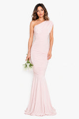 Alice Blush Pink One Shoulder Bridesmaids Occasion Maxi Dress - Side View | Honor Gold