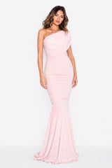 Alice Blush Pink One Shoulder Bridesmaids Occasion Maxi Dress - View 6 | Honor Gold