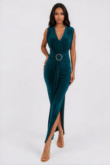 Amor Green V Front Maxi Dress With Front Sash - Side View | Honor Gold