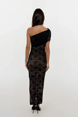 ASTRID BLACK LACE ONE SHOULDER ASYMMETRIC MAXI DRESS WITH NUDE SLIP