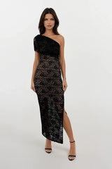 ASTRID BLACK LACE ONE SHOULDER ASYMMETRIC MAXI DRESS WITH NUDE SLIP