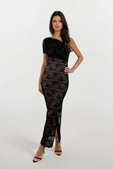 ASTRID BLACK LACE ONE SHOULDER ASYMMETRIC MAXI DRESS WITH NUDE SLIP