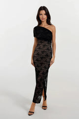 ASTRID BLACK LACE ONE SHOULDER ASYMMETRIC MAXI DRESS WITH NUDE SLIP