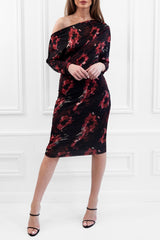 AUBREY BLACK RED BARDOT BATWING FLORAL MIDI WEDDING GUEST MIDI DRESS