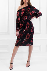 AUBREY BLACK RED BARDOT BATWING FLORAL MIDI WEDDING GUEST MIDI DRESS