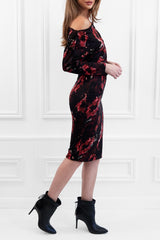 AUBREY BLACK RED BARDOT BATWING FLORAL MIDI WEDDING GUEST MIDI DRESS