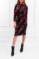 AUBREY BLACK RED BARDOT BATWING FLORAL MIDI WEDDING GUEST MIDI DRESS