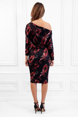 AUBREY BLACK RED BARDOT BATWING FLORAL MIDI WEDDING GUEST MIDI DRESS