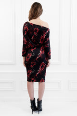 AUBREY BLACK RED BARDOT BATWING FLORAL MIDI WEDDING GUEST MIDI DRESS