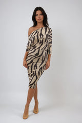 AUBREY ZEBRA ANIMAL PRINT BATWING OVERSIZED OFF THE SHOULDER MIDI DRESS