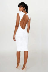 BELLA WHITE IVORY BACKLESS SLEEVELESS MIDI DRESS