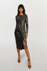 BROOKE GOLD & BLACK SEQUIN LONG SLEEVED MIDI DRESS WITH FRONT SPLIT