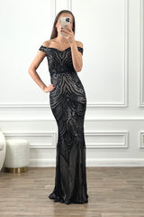 BRYNN BLACK NUDE SEQUIN OCASSION EVENING WEAR MAXI DRESS