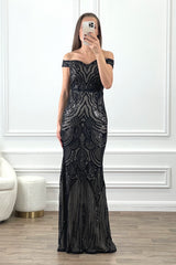 BRYNN BLACK NUDE SEQUIN OCASSION EVENING WEAR MAXI DRESS