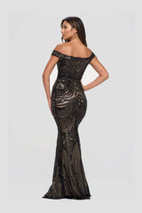 BRYNN BLACK NUDE SEQUIN OCASSION EVENING WEAR MAXI DRESS