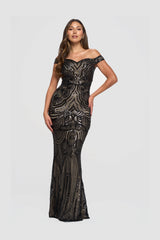 BRYNN BLACK NUDE SEQUIN OCASSION EVENING WEAR MAXI DRESS