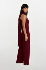 CALLIE BERRY ONE SHOULDERED JUMPSUIT WITH TIE SCARF WITH GOLD BUCKLE