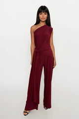 CALLIE BERRY ONE SHOULDERED JUMPSUIT WITH TIE SCARF WITH GOLD BUCKLE