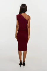 CALLIE BERRY ONE SHOULDERED MIDI DRESS WITH TIE SCARF WITH GOLD BUCKLE