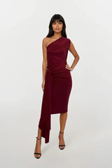 CALLIE BERRY ONE SHOULDERED MIDI DRESS WITH TIE SCARF WITH GOLD BUCKLE