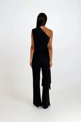 CALLIE BLACK ONE SHOULDERED JUMPSUIT WITH TIE SCARF WITH GOLD BUCKLE