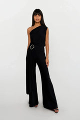 CALLIE BLACK ONE SHOULDERED JUMPSUIT WITH TIE SCARF WITH GOLD BUCKLE