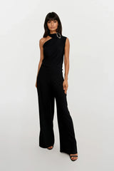 CALLIE BLACK ONE SHOULDERED JUMPSUIT WITH TIE SCARF WITH GOLD BUCKLE