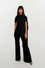 CALLIE BLACK ONE SHOULDERED JUMPSUIT WITH TIE SCARF WITH GOLD BUCKLE