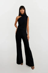 CALLIE BLACK ONE SHOULDERED JUMPSUIT WITH TIE SCARF WITH GOLD BUCKLE