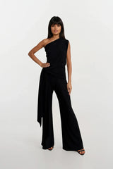 CALLIE BLACK ONE SHOULDERED JUMPSUIT WITH TIE SCARF WITH GOLD BUCKLE
