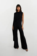 CALLIE BLACK ONE SHOULDERED JUMPSUIT WITH TIE SCARF WITH GOLD BUCKLE