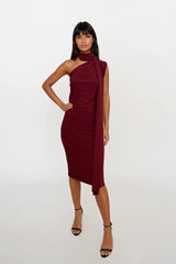 CALLIE BERRY ONE SHOULDERED MIDI DRESS WITH TIE SCARF WITH GOLD BUCKLE