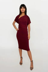 CALLIE BERRY ONE SHOULDERED MIDI DRESS WITH TIE SCARF WITH GOLD BUCKLE