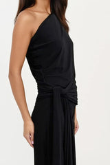 CALLIE BLACK ONE SHOULDERED JUMPSUIT WITH TIE SCARF WITH GOLD BUCKLE