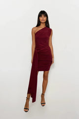 CALLIE BERRY ONE SHOULDERED MIDI DRESS WITH TIE SCARF WITH GOLD BUCKLE