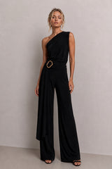 Callie Black One Shoulder Jumpsuit With Tie Scarf and Gold Buckle
