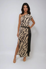 CLEO ANIMAL ZEBRA PRINT ONE SHOULDER RESORT WEAR MAXI DRESS