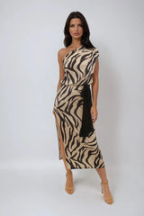 CLEO ANIMAL ZEBRA PRINT ONE SHOULDER RESORT WEAR MAXI DRESS