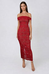 Elan Red Nude Lace Bardot Maxi Dress - Front View | Honor Gold