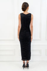 EMBER BLACK MESH DIAMANTE RHINESTONE HOTFIX EMBELLISHED RUCHED MIDAXI DRESS