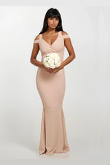 EVIE BEIGE COLD SHOULDER FISHTAIL MAXI DRESS