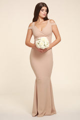 Evie Beige Cold Shoulder Fishtail Maxi Dress - Side View | Honor Gold