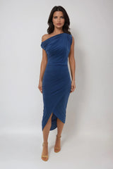 EZRAH ROYAL BLUE OFF SHOULDER / ONE SHOULDER WRAP MIDI DRESS