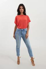 FINLEY ORANGE BATWING TOP WITH SLASHED NECKLINE