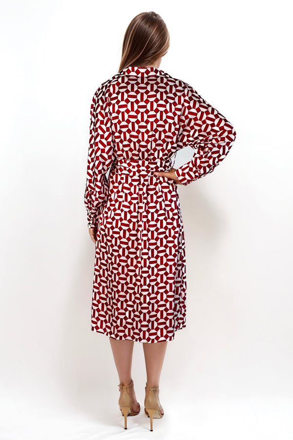 Freya Raspberry Red Geometric Printed Full Sleeve Midi Shirt Dress