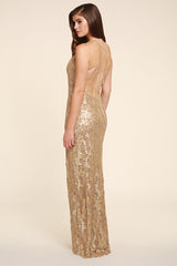 GINA GOLD SEQUIN BACKLESS MAXI DRESS WITH FRONT SPLIT