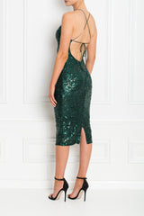 GIA GREEN SEQUIN BACKLESS MIDI DRESS