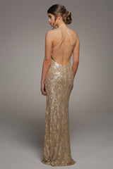 GINA GOLD SEQUIN BACKLESS MAXI DRESS WITH FRONT SPLIT