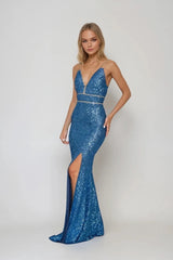 HAILEY BLUE SEQUIN WITH SPLIT AND DIAMANTE TRIM MAXI DRESS